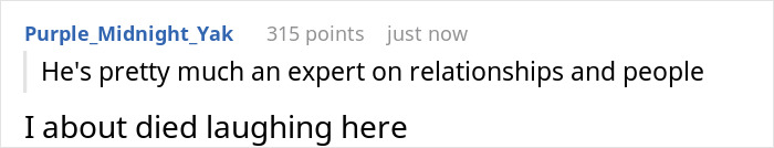 Comment praising relationship expertise and humor about data collection Comment praising relationship expertise and humor about data collection