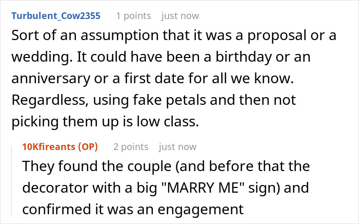 Commenters debating engagement proposal and fake petals left on beach sparking controversy