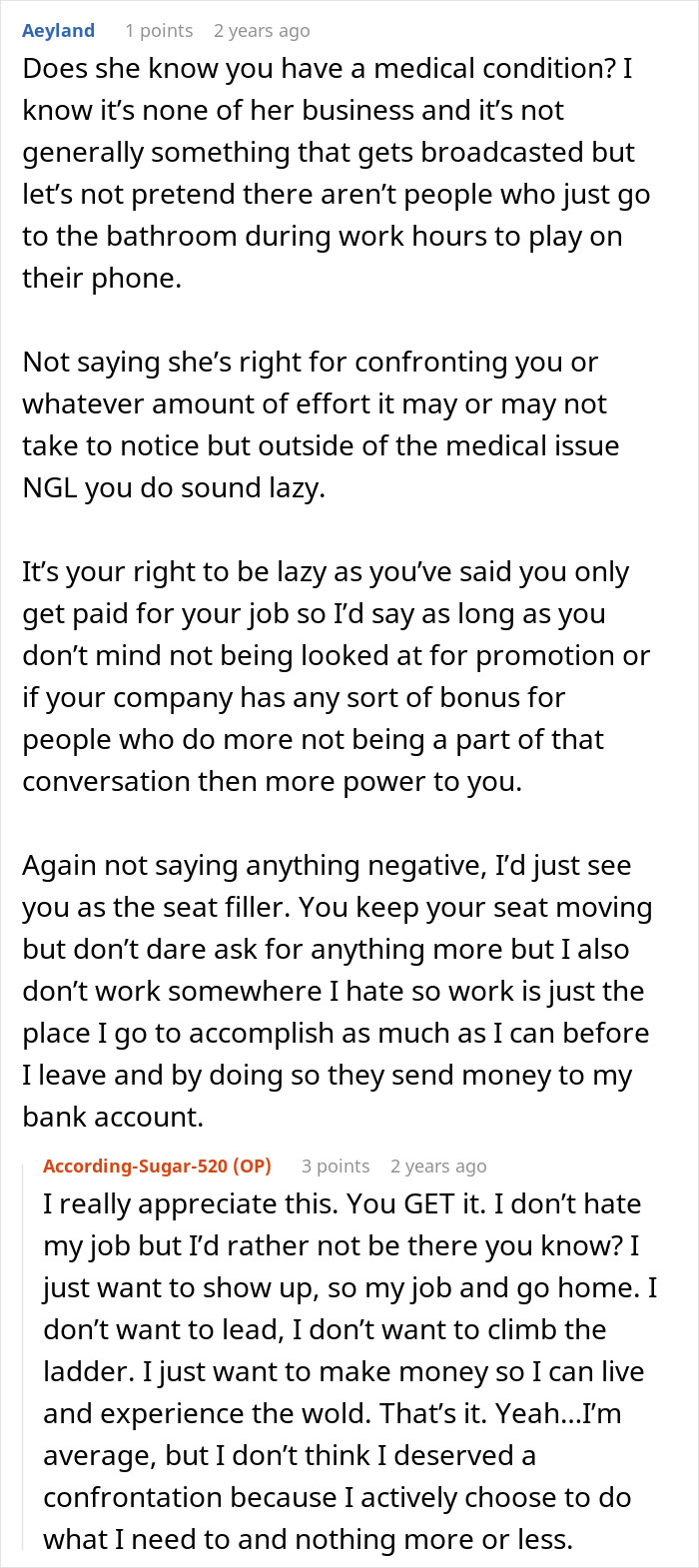 A Reddit user's comment questioning if the Ableist Karen knows about a medical condition, leading to a discussion about work ethic.