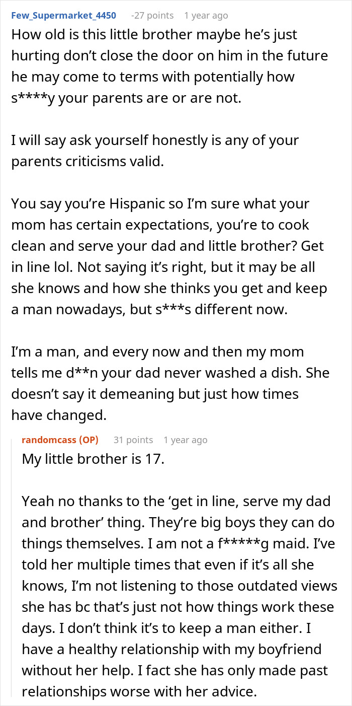 Screenshot of online comments discussing a woman told to leave home after refusing to follow a rule.