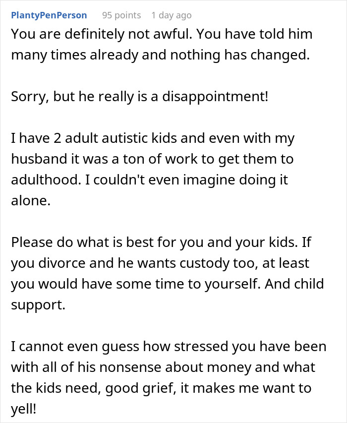 Empathetic comment encouraging wife to prioritize herself and kids amid husband&rsquo;s disappointments
