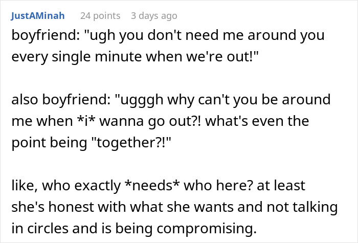A comment discussing an introverted girlfriend and boyfriend's contrasting expectations for going out. A comment discussing an introverted girlfriend and boyfriend's contrasting expectations for going out.