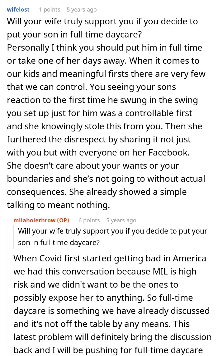 Comment about full-time daycare and MIL disrespecting parents' boundaries