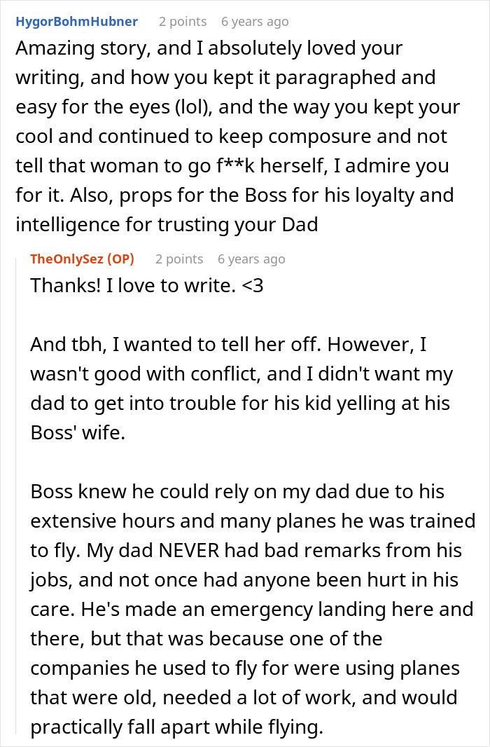 Detailed comment praising writing and pilot dad's professionalism Detailed comment praising writing and pilot dad's professionalism