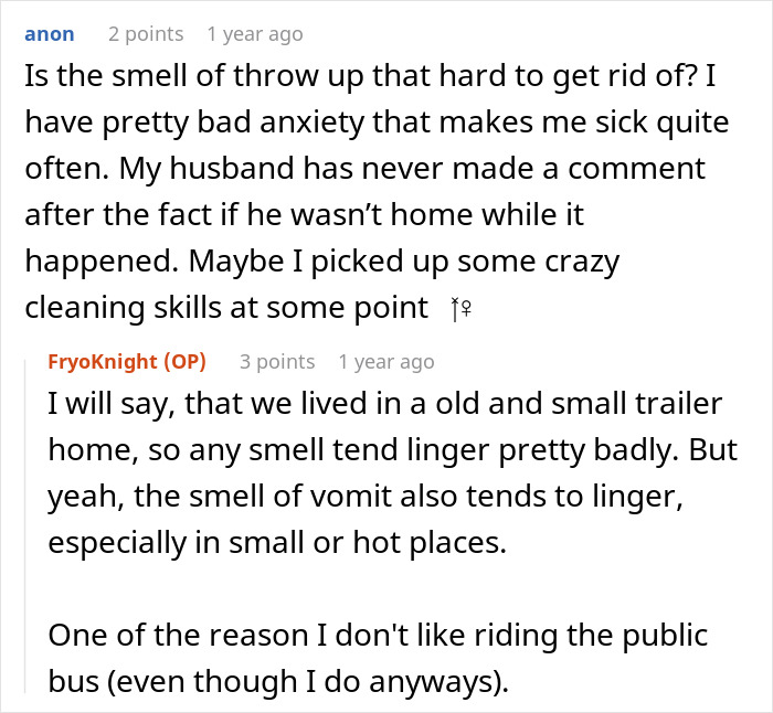 A comment section discussing the lingering smell of vomit and a kid's food issue.