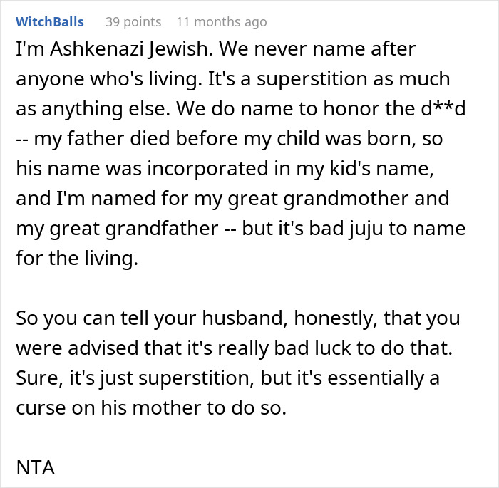A Reddit comment about a husband wanting to honor his mom, and the wife feeling unhonored due to naming traditions.