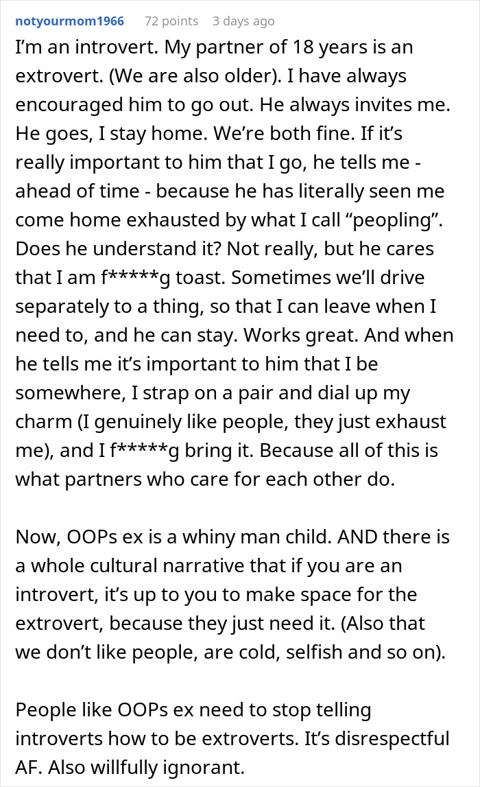 A detailed comment from an introvert discussing compromise in an extrovert-introvert relationship during a bar crawl. A detailed comment from an introvert discussing compromise in an extrovert-introvert relationship during a bar crawl.