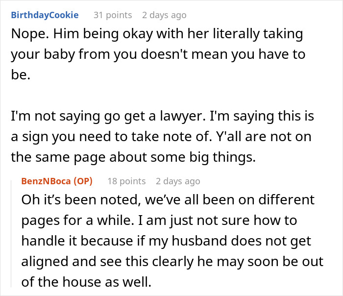 A screenshot of a Reddit comment section with a user named BirthdayCookie suggesting that the original poster should take note of their husband's behavior regarding the grandma and toddler during the family vacation. A screenshot of a Reddit comment section with a user named BirthdayCookie suggesting that the original poster should take note of their husband's behavior regarding the grandma and toddler during the family vacation.