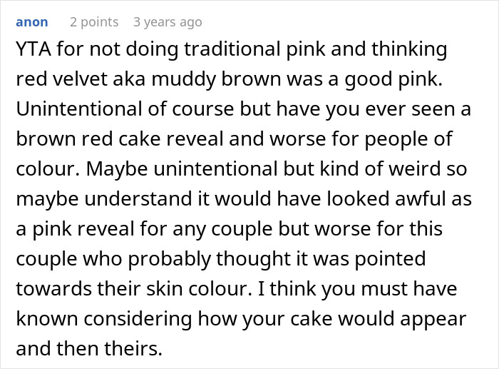 Comment criticizing red velvet cake as a gender reveal for people of color Comment criticizing red velvet cake as a gender reveal for people of color