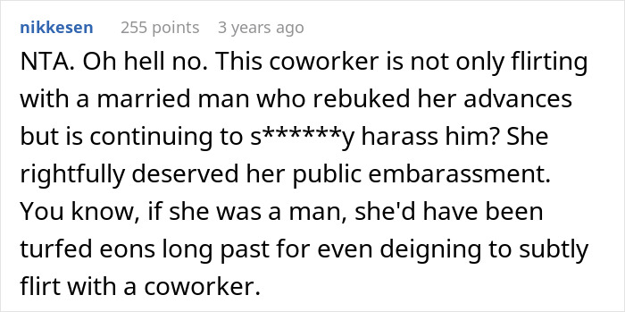 Comment criticizing coworker for harassment and public embarrassment chasing married man at work Comment criticizing coworker for harassment and public embarrassment chasing married man at work