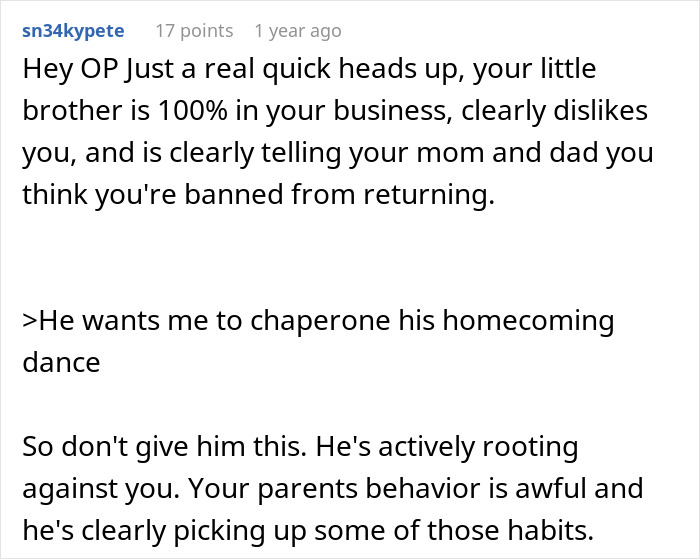 Screenshot of a Reddit comment suggesting the woman's brother is instigating, causing her to leave home.