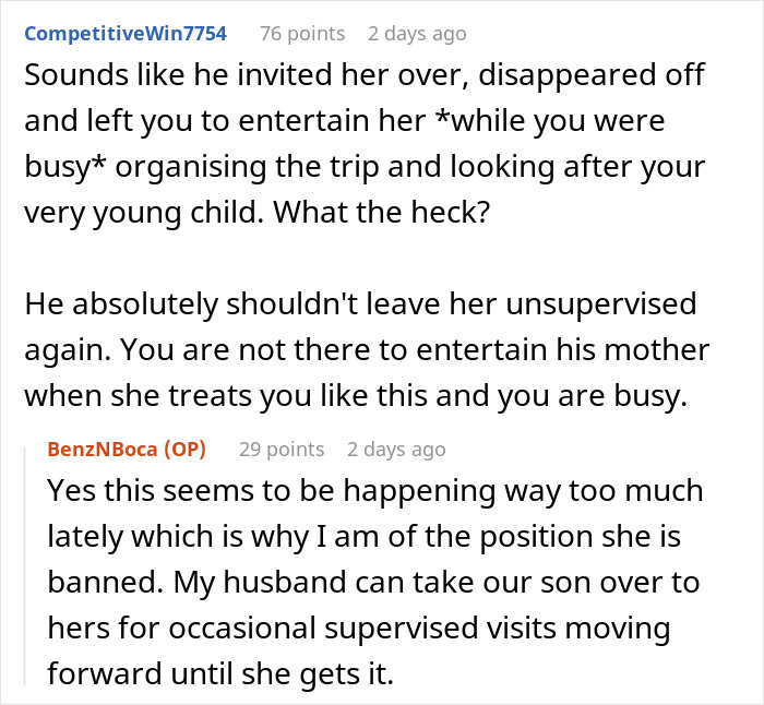 A screenshot of comments discussing a grandma's fit before a family vacation and her clinging to a toddler. A screenshot of comments discussing a grandma's fit before a family vacation and her clinging to a toddler.