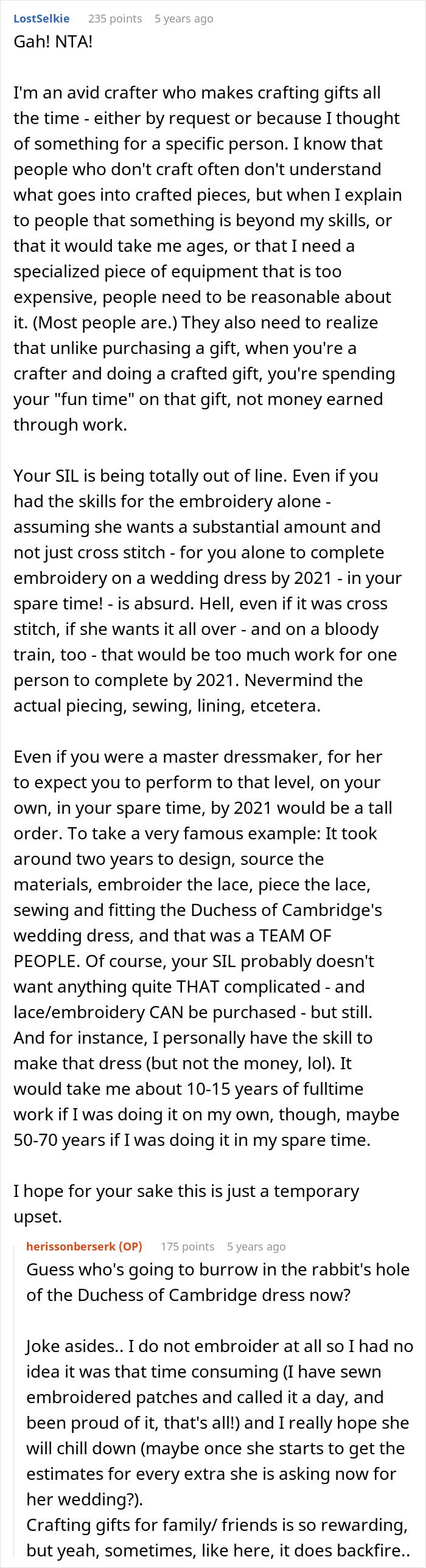 Detailed Reddit comment explaining time and skill needed for embroidered wedding dress