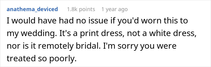 Screenshot of a comment supporting a woman's wedding attire choice, stating it's not a white or bridal dress. Screenshot of a comment supporting a woman's wedding attire choice, stating it's not a white or bridal dress.