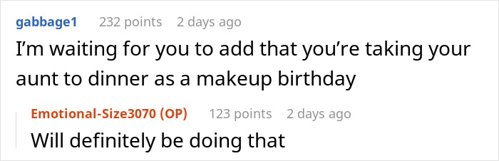 A screenshot of a comment expressing anticipation for a makeup birthday dinner for the aunt, which the original poster confirms. A screenshot of a comment expressing anticipation for a makeup birthday dinner for the aunt, which the original poster confirms.