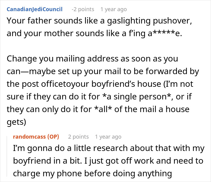 Screenshot of online comments discussing a woman told to leave home after refusing to follow a rule.