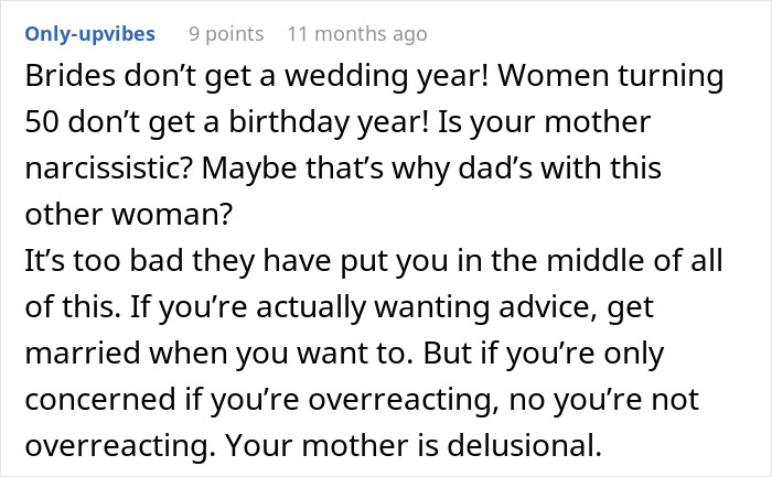 A user comment questioning a mother's narcissism for delaying her daughter's wedding for a birthday celebration. A user comment questioning a mother's narcissism for delaying her daughter's wedding for a birthday celebration.