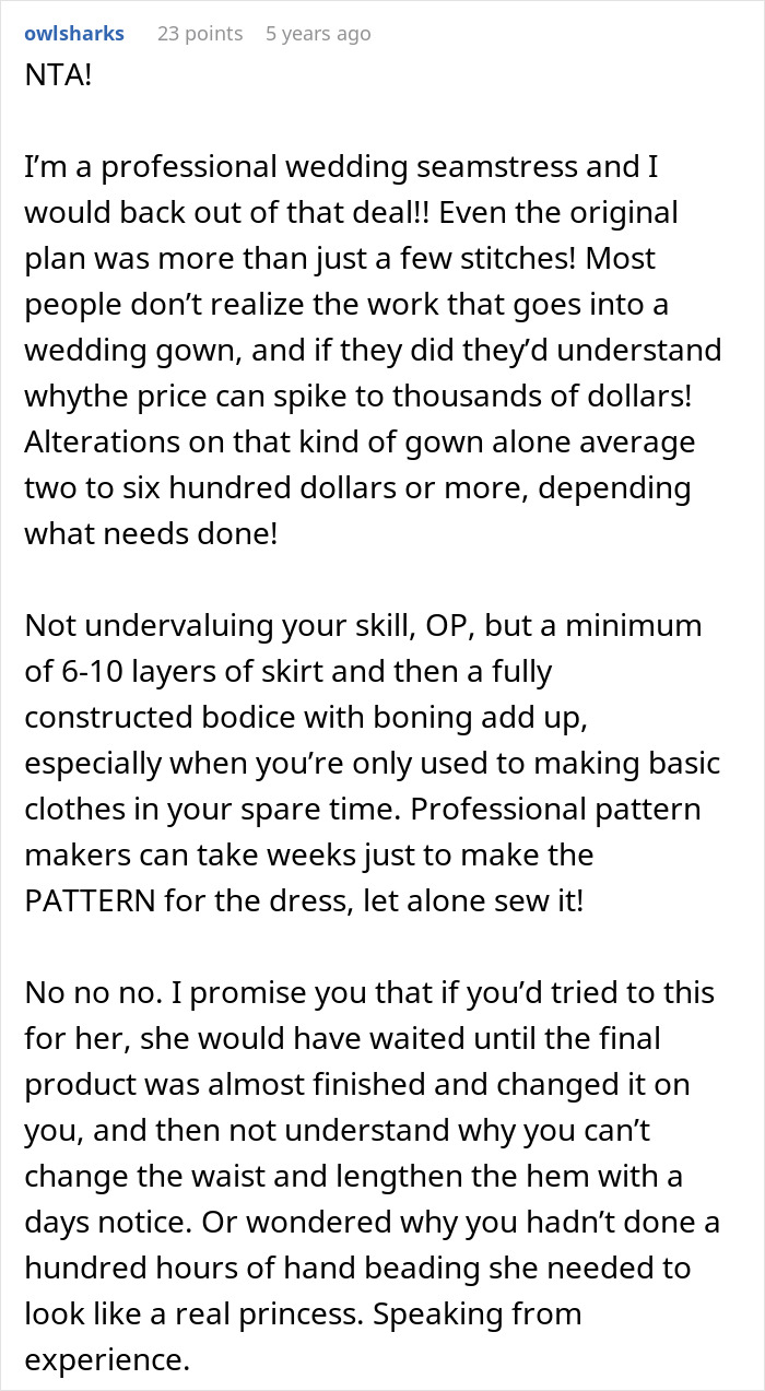 Professional seamstress warns about complexity of wedding gown making