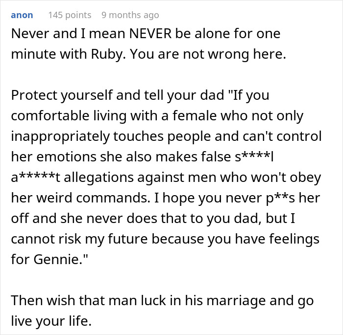 A screenshot of a Reddit comment advising a 17YO to leave home after being harassed by her dad's GF's daughter.