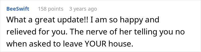 A comment praising an update where a pregnant woman dealt with her MIL refusing to leave during contractions.