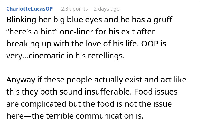 A comment discussing a picky eater girlfriend relationship, highlighting communication issues over food. A comment discussing a picky eater girlfriend relationship, highlighting communication issues over food.
