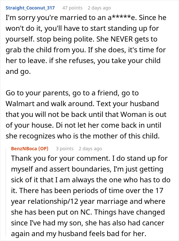A Reddit thread providing solutions for a family experiencing a grandma throwing a fit and clinging to a toddler. A Reddit thread providing solutions for a family experiencing a grandma throwing a fit and clinging to a toddler.