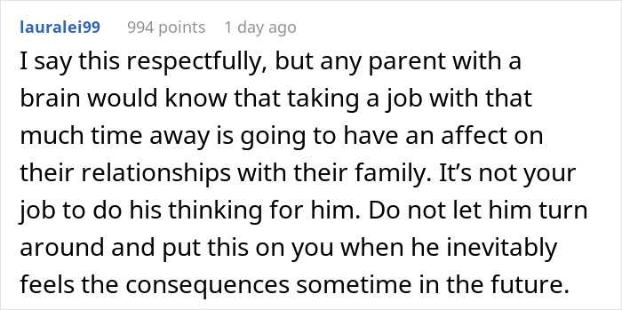Comment warning about job effects on family relationships and husband&rsquo;s responsibility