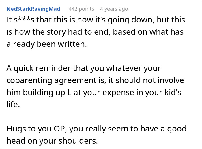 A screenshot of a comment about a pregnant woman and her husband, discussing divorce and grieving his late ex. A screenshot of a comment about a pregnant woman and her husband, discussing divorce and grieving his late ex.