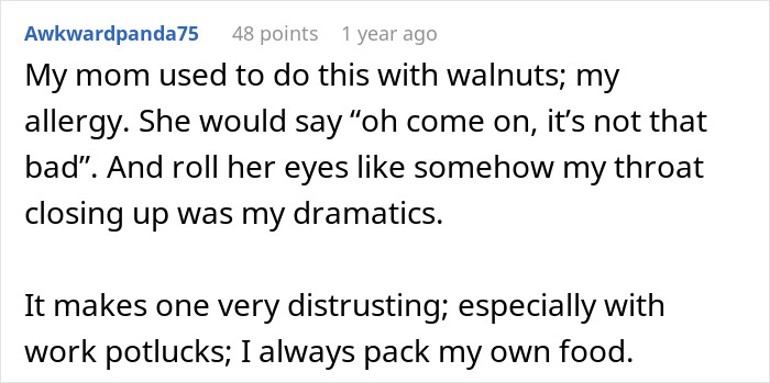 A user's comment about their mom tricking them into eating food they're allergic to, like walnuts.