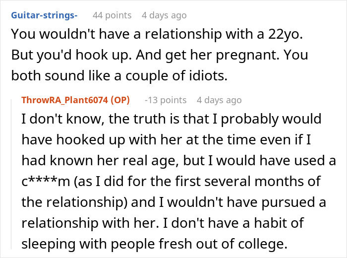 Comments discussing hooking up and relationship issues related to fake age lies in a fake 26th birthday story