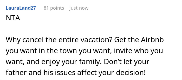A comment advises to enjoy family vacation plans despite parents trying to hijack them. A comment advises to enjoy family vacation plans despite parents trying to hijack them.