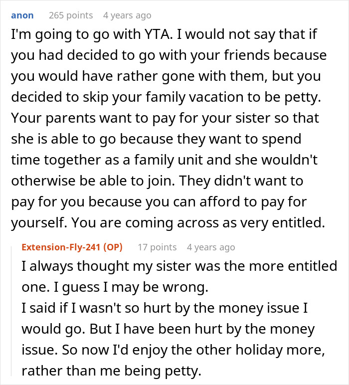 A Reddit comment regarding parents sponsoring a sister's trip, suggesting entitlement and discussing trip sponsorship fairness. A Reddit comment regarding parents sponsoring a sister's trip, suggesting entitlement and discussing trip sponsorship fairness.