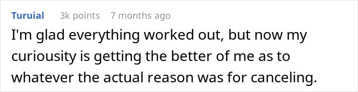 Comment expressing curiosity about the real reason for wedding cancellation