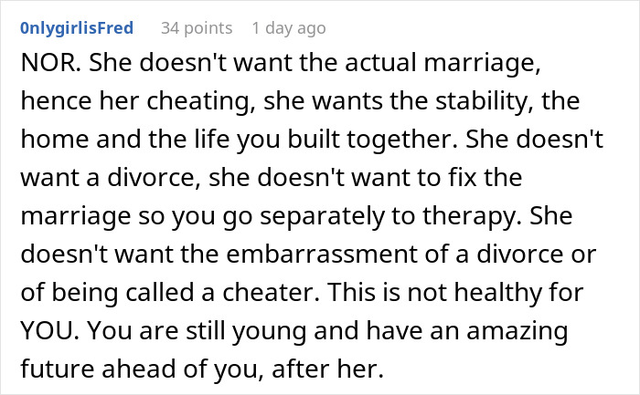 A Reddit comment suggesting the wife doesn't want divorce, just stability, despite an open marriage. A Reddit comment suggesting the wife doesn't want divorce, just stability, despite an open marriage.