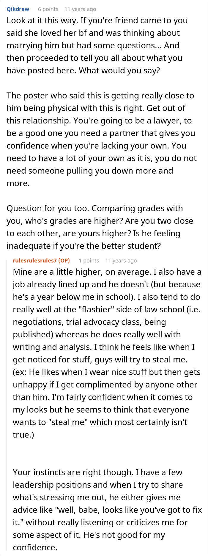 A Reddit comment advising the girlfriend on her toxic guy's jealous and ridiculous rules.