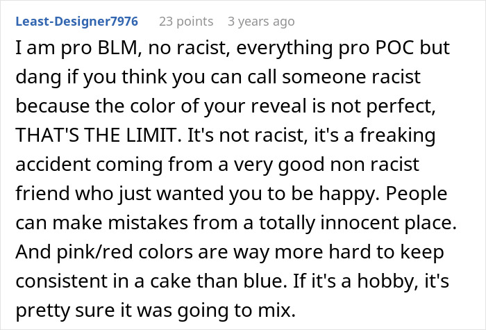 Comment discussing complexity of cake color consistency in gender reveal cake Comment discussing complexity of cake color consistency in gender reveal cake