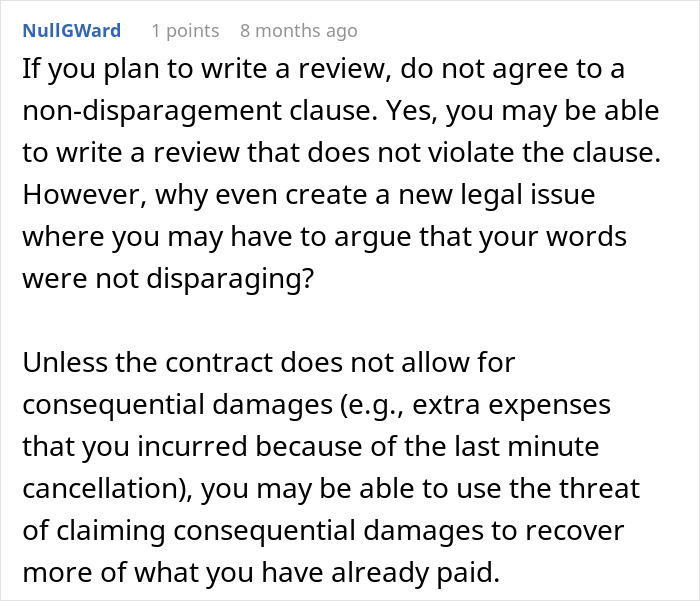 Legal tips on reviews and contractual damages for wedding coordinator cancellation