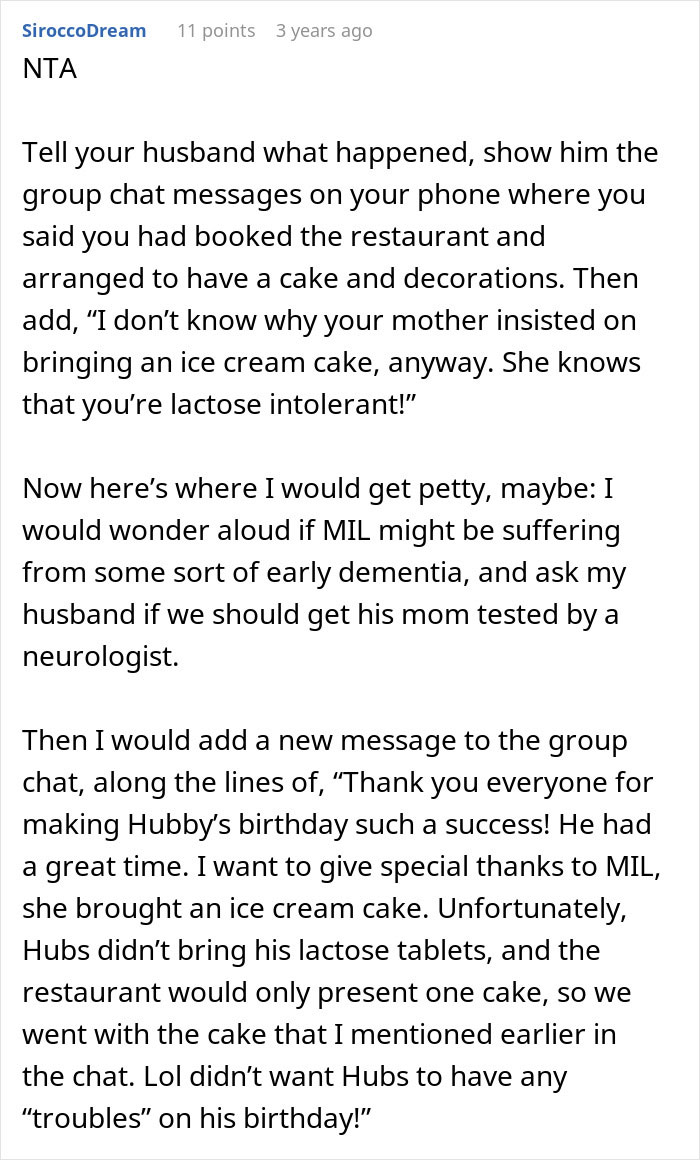 Detailed advice on addressing MIL bringing ice cream cake despite son's lactose intolerance