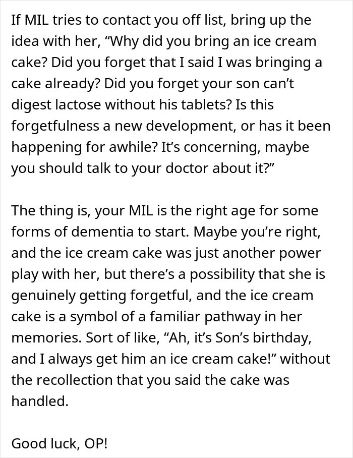 Explanation suggesting MIL's forgetfulness might indicate early dementia related to cake incident