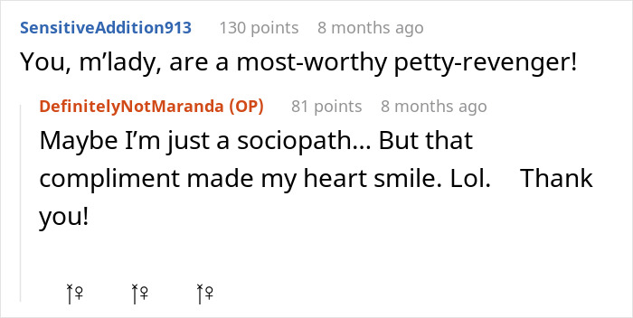 Screenshot of an online comment praising the woman as a petty-revenger against her ex.