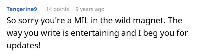 A comment on a woman's drunken tantrum, describing the writing as entertaining and requesting updates.