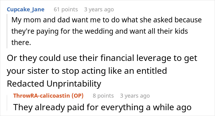 Comments discussing parents' influence and wedding financial leverage Comments discussing parents' influence and wedding financial leverage
