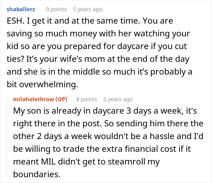 Discussion about MIL crossing boundaries while babysitting child and daycare alternatives