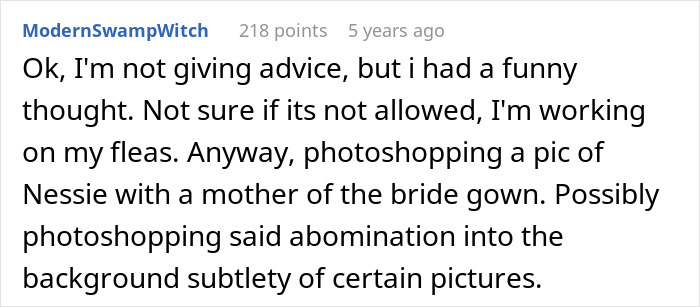 A comment suggesting photoshopping the bride's mom into wedding family photos after she chose church.
