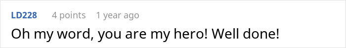 A comment praising the bride with Oh my word, you are my hero! Well done! for her action at the son's wedding.