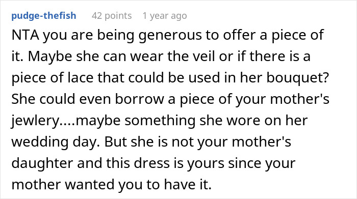 A comment on the brother's fiancée's tantrum about a dress, suggesting she use a piece of lace or jewelry. A comment on the brother's fiancée's tantrum about a dress, suggesting she use a piece of lace or jewelry.