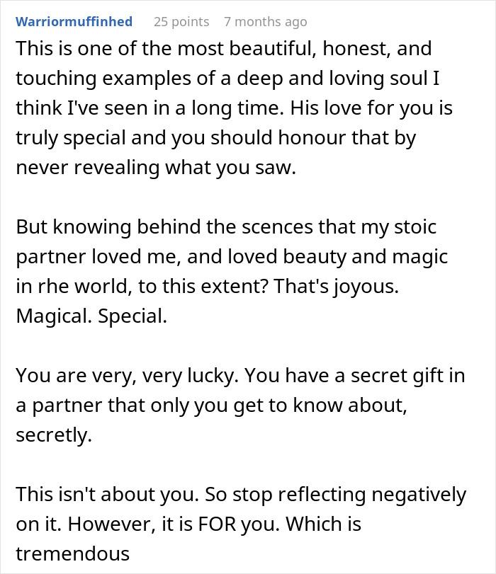 Detailed Reddit comment about a guy finding his husband's secret, highlighting its beauty and the husband's deep love.