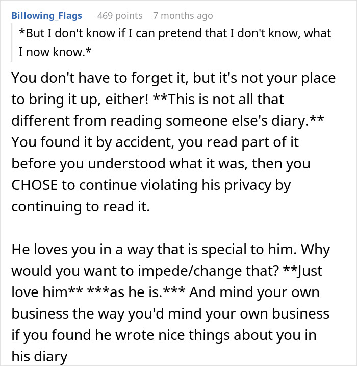 A Reddit comment advising against confronting a husband about his double life after discovering personal things.