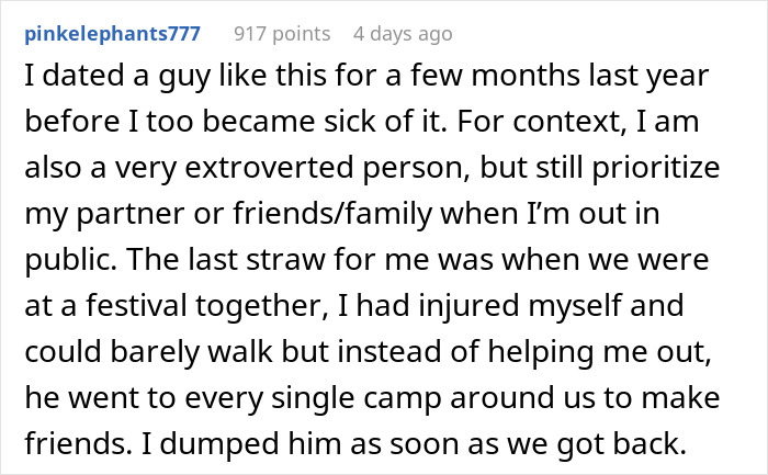 Screenshot of Reddit comment about a woman sick of talkative fiancé who craves strangers attention and moves out. Screenshot of Reddit comment about a woman sick of talkative fiancé who craves strangers attention and moves out.