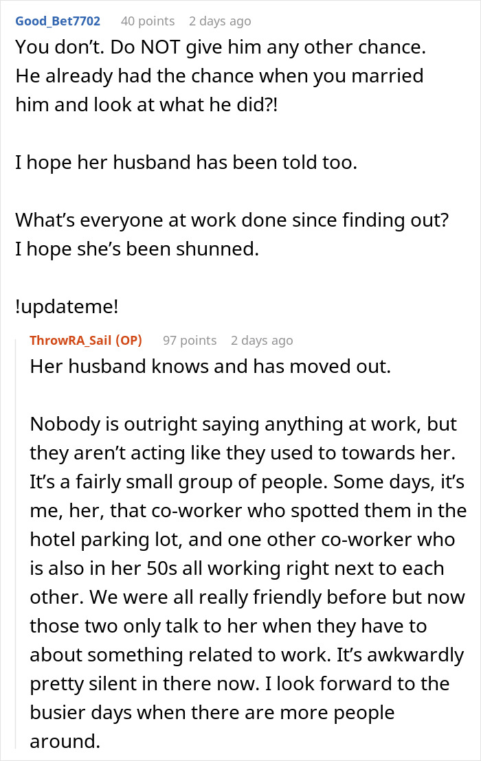 A Reddit user comments on a woman's suspicions about her husband, inquiring about the social repercussions at work after his betrayal. A Reddit user comments on a woman's suspicions about her husband, inquiring about the social repercussions at work after his betrayal.